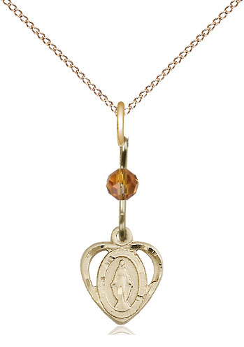 14kt Gold Filled Miraculous Pendant with a Topaz bead on a 18 inch Gold Filled Light Curb chain