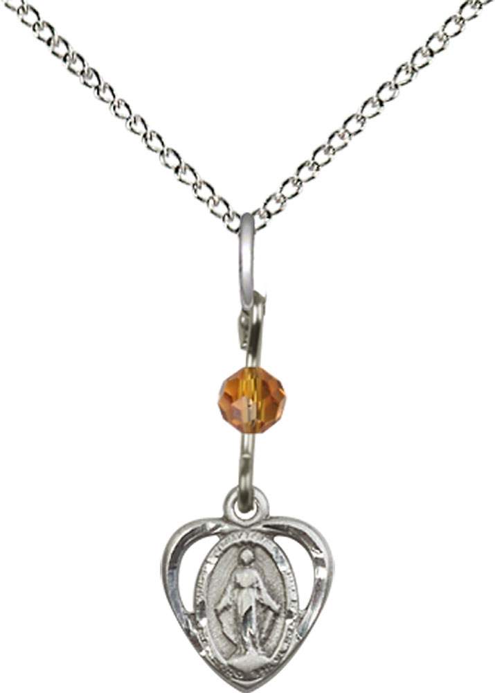 Sterling Silver Miraculous Pendant with a Topaz bead on a 18 inch Sterling Silver Light Curb chain