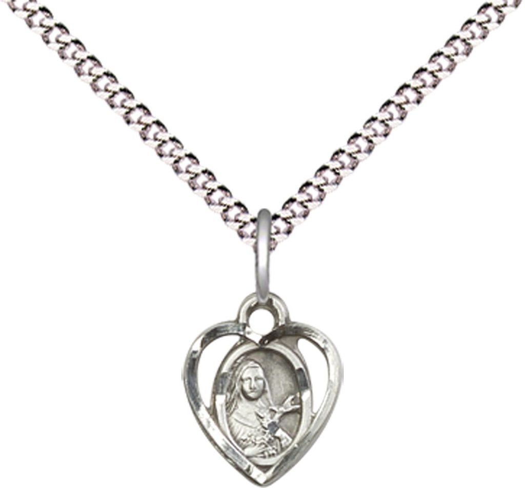 Sterling Silver Saint Theresa Pendant on a 18 inch Light Rhodium Light Curb chain