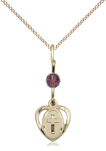 14kt Gold Filled Heart Cross Pendant with an Amethyst bead on a 18 inch Gold Filled Light Curb chain