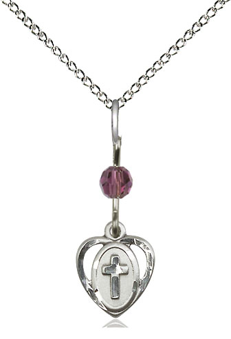 Sterling Silver Heart Cross Pendant with an Amethyst bead on a 18 inch Sterling Silver Light Curb chain
