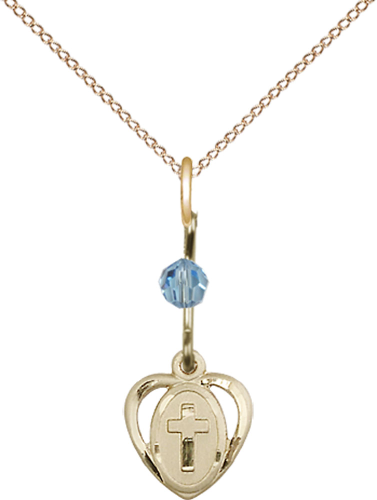 14kt Gold Filled Heart Cross Pendant with an Aqua bead on a 18 inch Gold Filled Light Curb chain