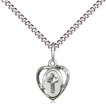 Sterling Silver Heart Cross Pendant with an Aqua bead on a 18 inch Light Rhodium Light Curb chain