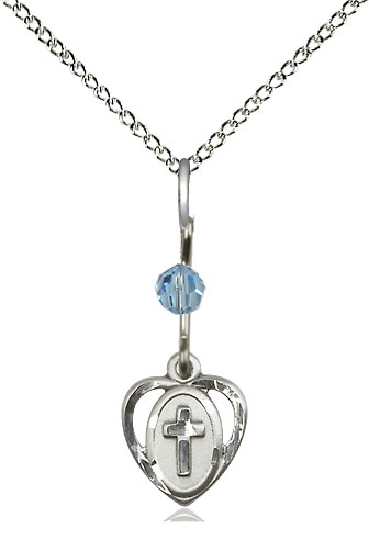 Sterling Silver Heart Cross Pendant with an Aqua bead on a 18 inch Sterling Silver Light Curb chain