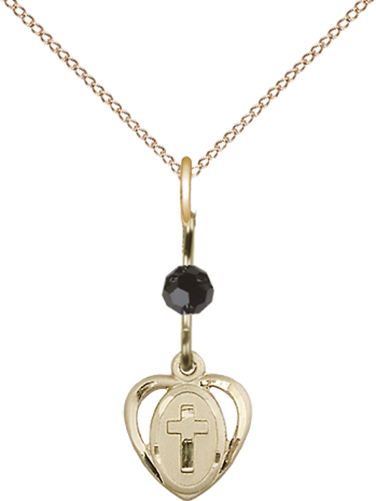 14kt Gold Filled Heart Cross Pendant with a Black bead on a 18 inch Gold Filled Light Curb chain