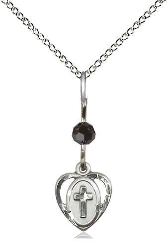 Sterling Silver Heart Cross Pendant with a Black bead on a 18 inch Sterling Silver Light Curb chain