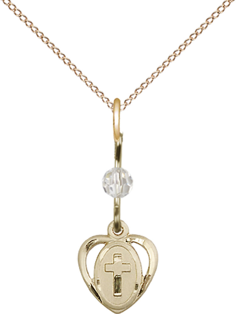 14kt Gold Filled Heart Cross Pendant with a Crystal bead on a 18 inch Gold Filled Light Curb chain