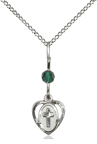 Sterling Silver Heart Cross Pendant with a Emerald bead on a 18 inch Sterling Silver Light Curb chain