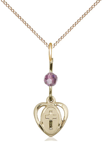 14kt Gold Filled Heart Cross Pendant with a Light Amethyst bead on a 18 inch Gold Filled Light Curb chain