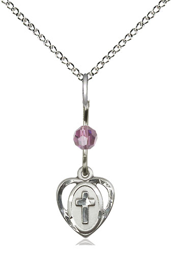 Sterling Silver Heart Cross Pendant with a Light Amethyst bead on a 18 inch Sterling Silver Light Curb chain