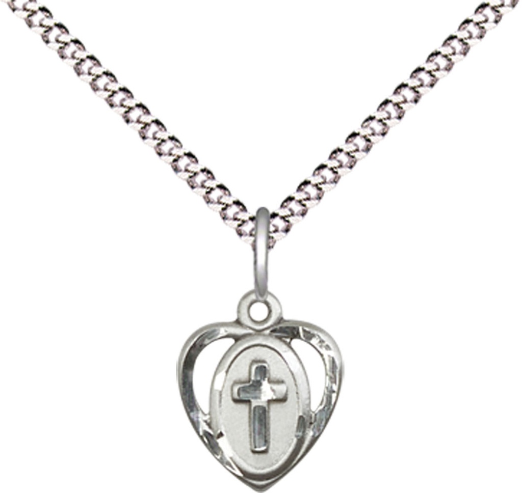 Sterling Silver Heart Cross Pendant with a Light Rose bead on a 18 inch Light Rhodium Light Curb chain