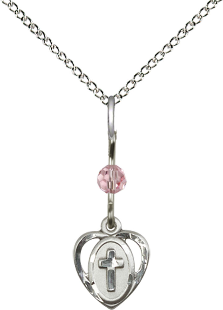 Sterling Silver Heart Cross Pendant with a Light Rose bead on a 18 inch Sterling Silver Light Curb chain