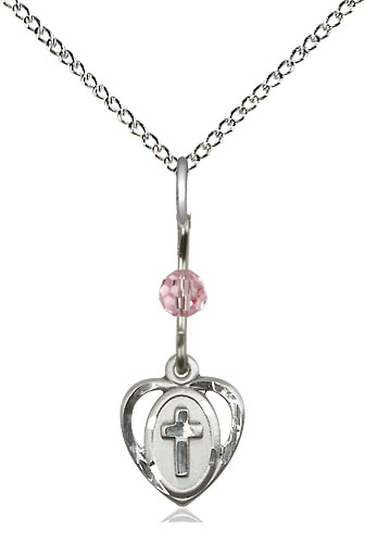Sterling Silver Heart Cross Pendant with a Light Rose bead on a 18 inch Sterling Silver Light Curb chain