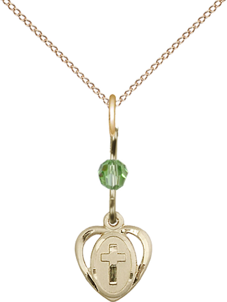 14kt Gold Filled Heart Cross Pendant with a Peridot bead on a 18 inch Gold Filled Light Curb chain