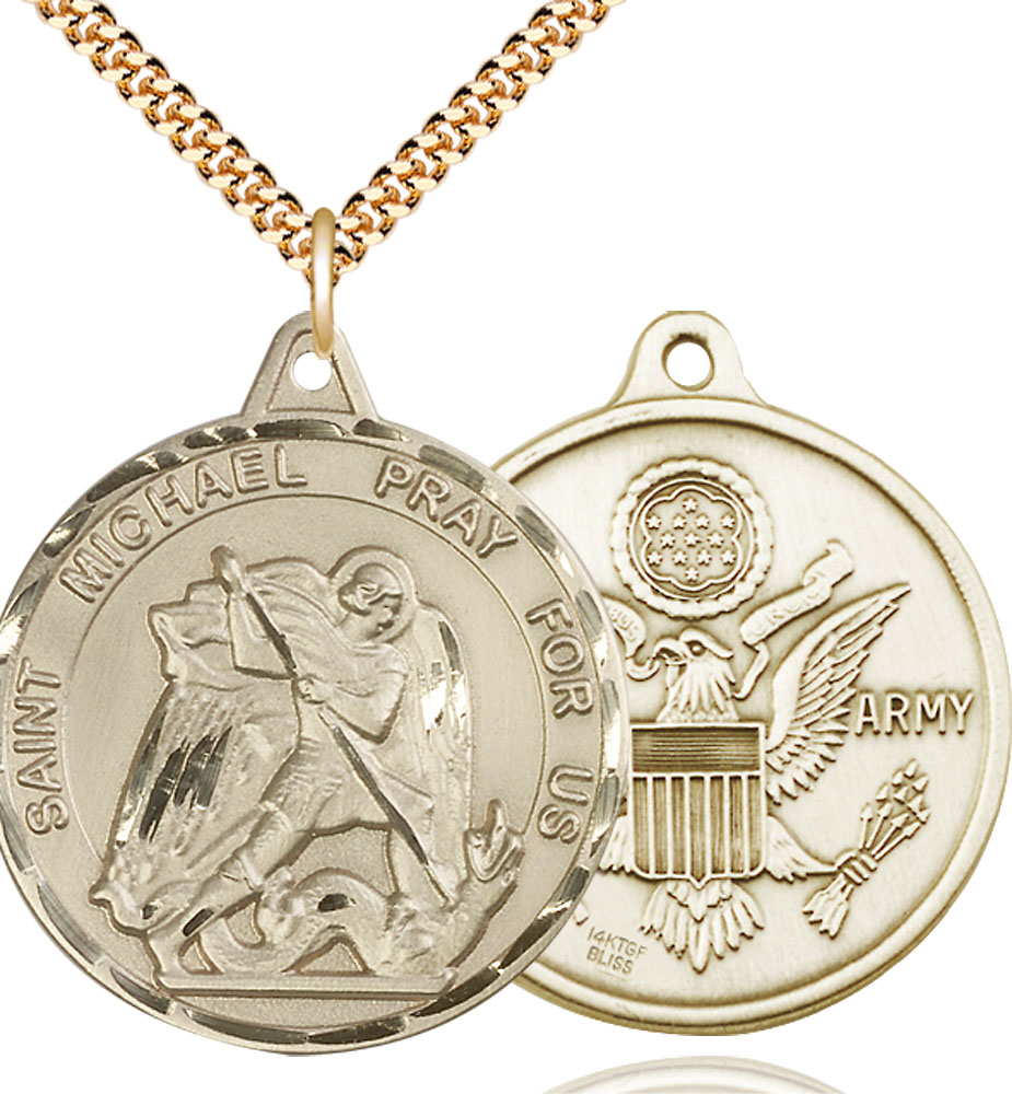 14kt Gold Filled Saint Michael Army Pendant on a 24 inch Gold Plate Heavy Curb chain