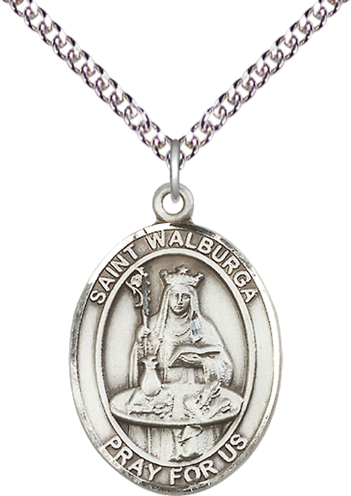 Sterling Silver Saint Walburga Pendant on a 24 inch Sterling Silver Heavy Curb chain
