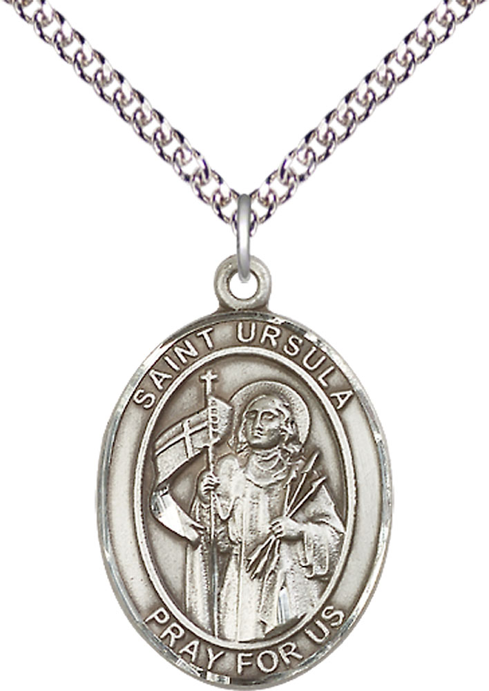 Sterling Silver Saint Ursula Pendant on a 24 inch Sterling Silver Heavy Curb chain