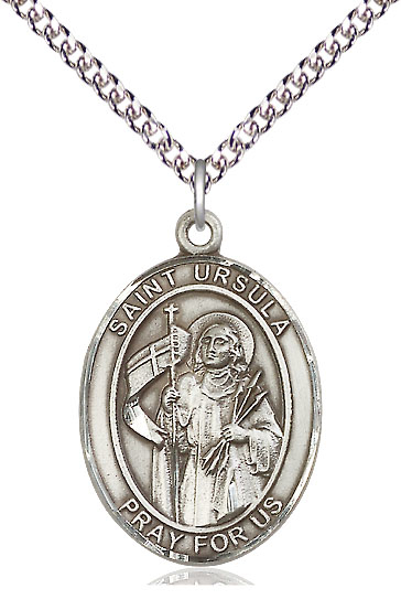 Sterling Silver Saint Ursula Pendant on a 24 inch Sterling Silver Heavy Curb chain