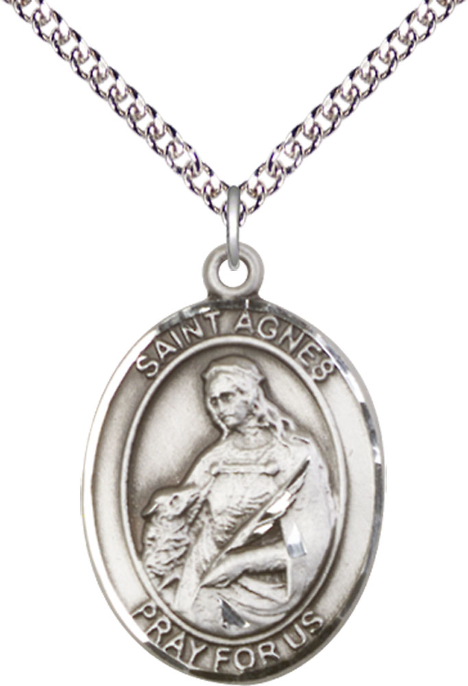 Sterling Silver Saint Agnes of Rome Pendant on a 24 inch Sterling Silver Heavy Curb chain