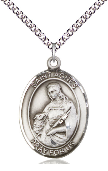 Sterling Silver Saint Agnes of Rome Pendant on a 24 inch Sterling Silver Heavy Curb chain