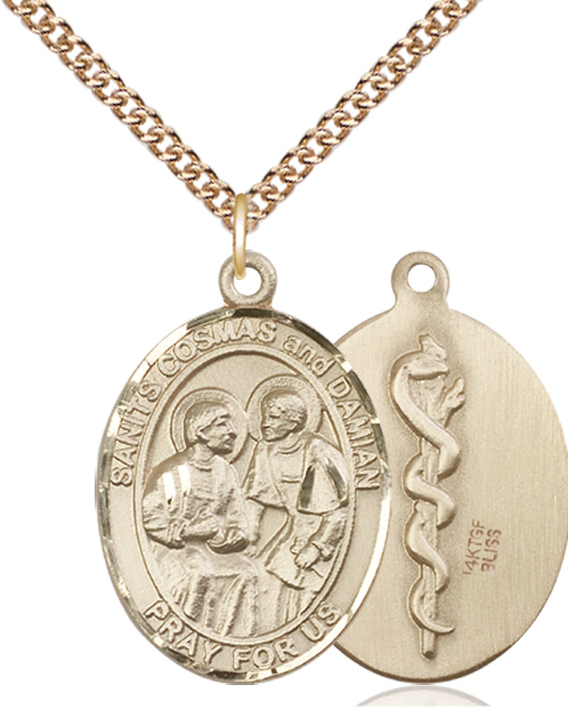 14kt Gold Filled Saints Cosmas &amp; Damian Doctors Pendant on a 24 inch Gold Filled Heavy Curb chain