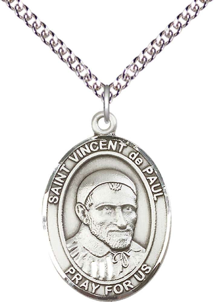 Sterling Silver Saint Vincent de Paul Pendant on a 24 inch Sterling Silver Heavy Curb chain