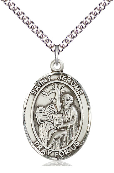 Sterling Silver Saint Jerome Pendant on a 24 inch Sterling Silver Heavy Curb chain