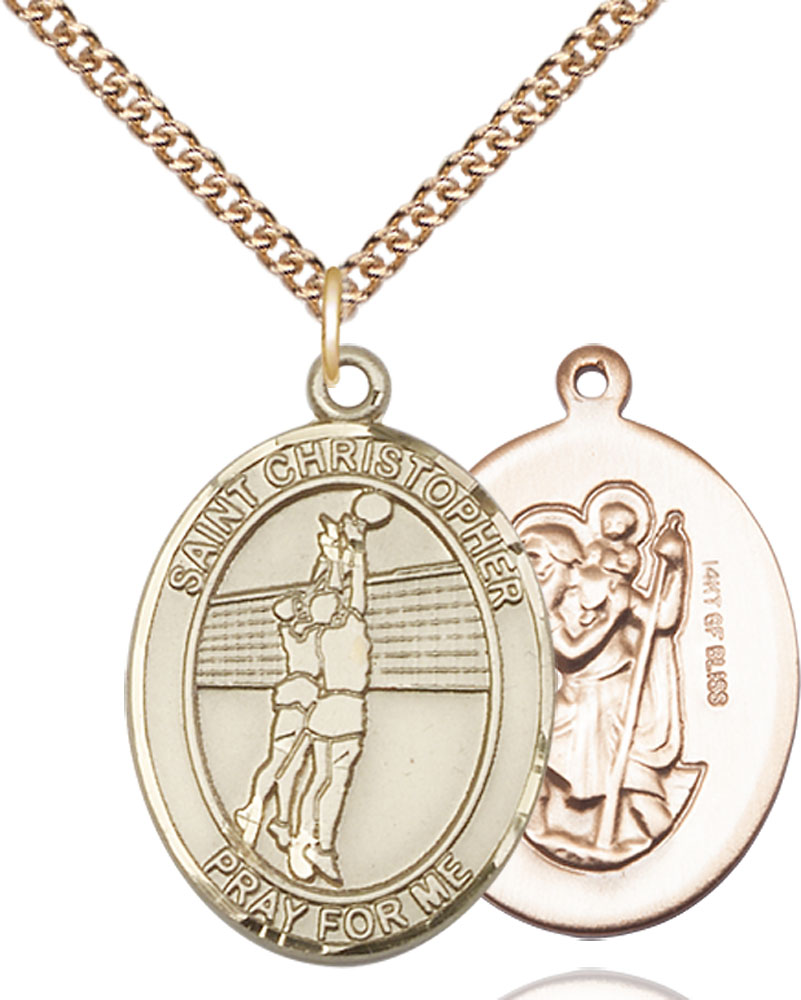 14kt Gold Filled Saint Christopher Volleyball Pendant on a 24 inch Gold Filled Heavy Curb chain