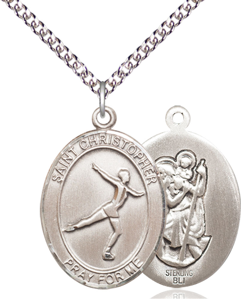 Sterling Silver Saint Christopher Figure Skating Pendant on a 24 inch Sterling Silver Heavy Curb chain