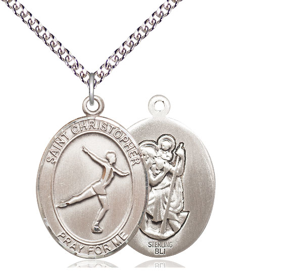 Sterling Silver Saint Christopher Figure Skating Pendant on a 24 inch Sterling Silver Heavy Curb chain