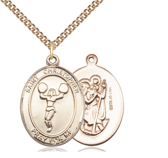 14kt Gold Filled Saint Christopher Cheerleading Pendant on a 24 inch Gold Filled Heavy Curb chain