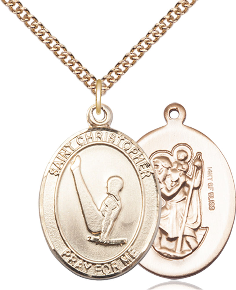 14kt Gold Filled Saint Christopher Gymnastics Pendant on a 24 inch Gold Filled Heavy Curb chain