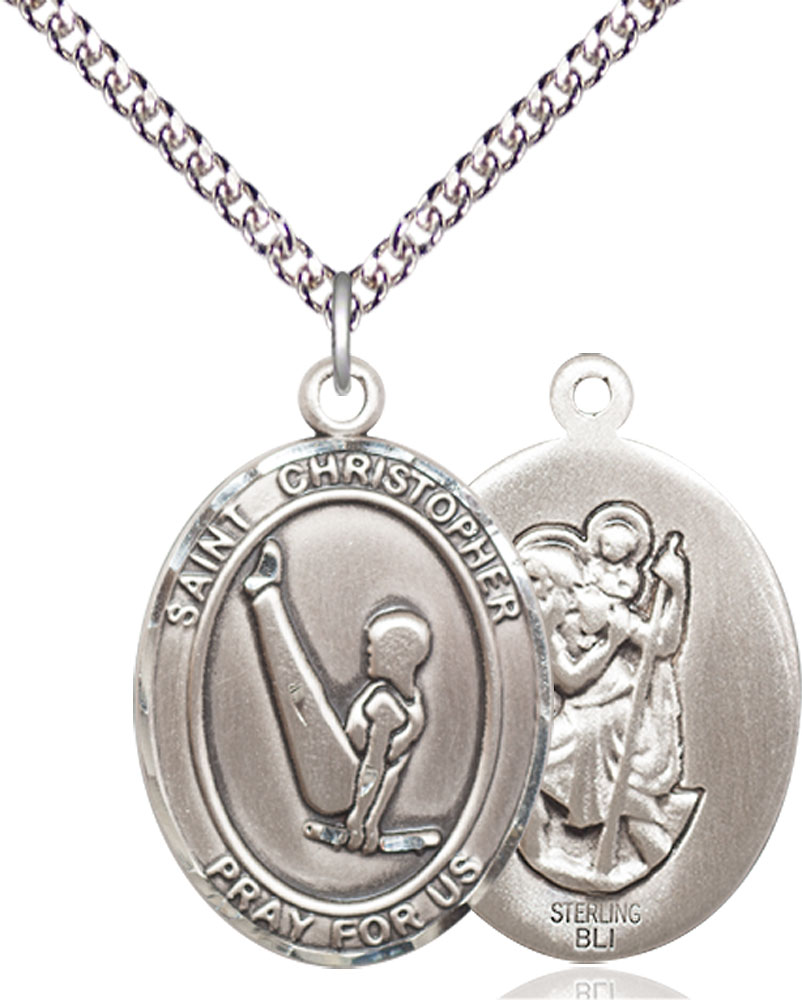 Sterling Silver Saint Christopher Gymnastics Pendant on a 24 inch Sterling Silver Heavy Curb chain