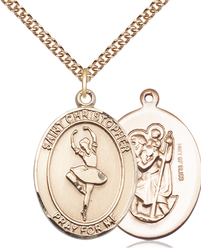 14kt Gold Filled Saint Christopher Dance Pendant on a 24 inch Gold Filled Heavy Curb chain