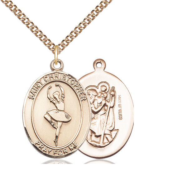 14kt Gold Filled Saint Christopher Dance Pendant on a 24 inch Gold Filled Heavy Curb chain