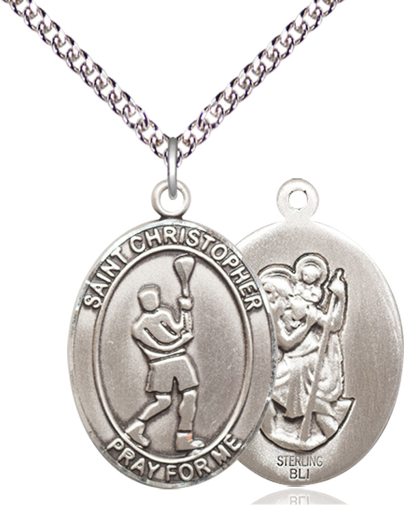 Sterling Silver Saint Christopher Lacrosse Pendant on a 24 inch Sterling Silver Heavy Curb chain