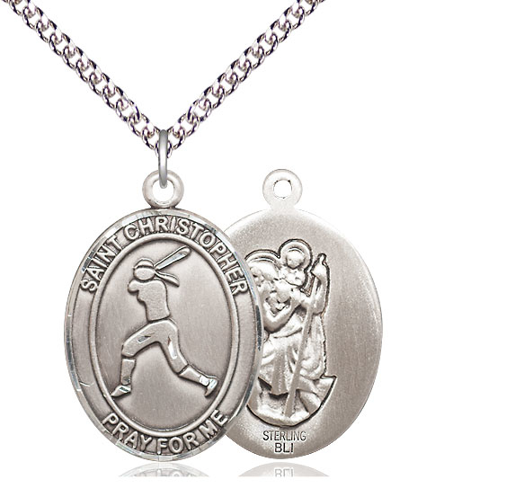 Sterling Silver Saint Christopher Softball Pendant on a 24 inch Sterling Silver Heavy Curb chain