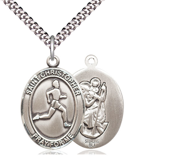 Sterling Silver Saint Christopher Track&amp;Field Pendant on a 24 inch Light Rhodium Heavy Curb chain