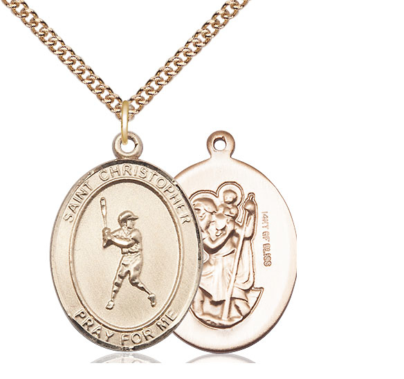 14kt Gold Filled Saint Christopher Baseball Pendant on a 24 inch Gold Filled Heavy Curb chain
