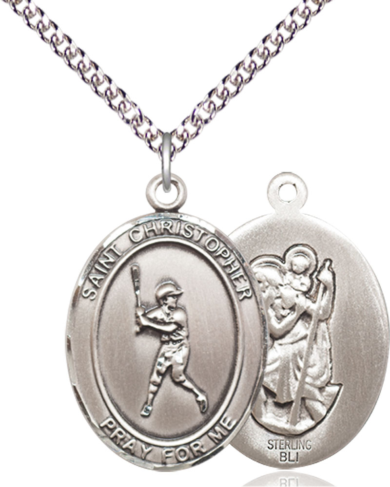 Sterling Silver Saint Christopher Baseball Pendant on a 24 inch Sterling Silver Heavy Curb chain