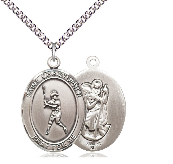 Sterling Silver Saint Christopher Baseball Pendant on a 24 inch Sterling Silver Heavy Curb chain