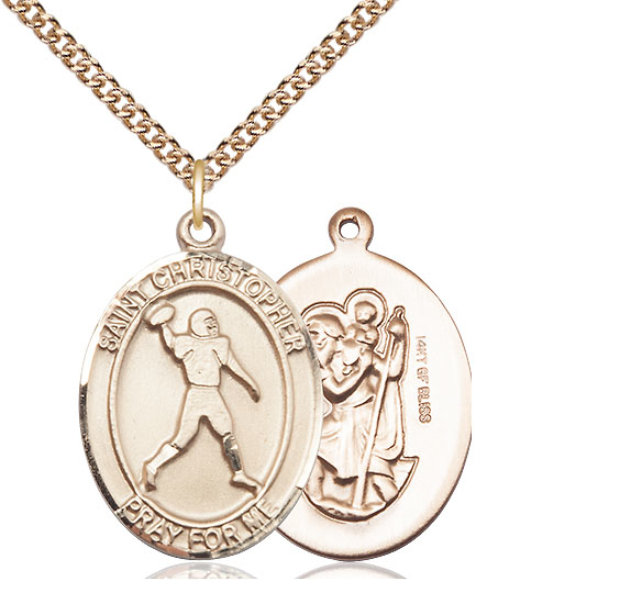 14kt Gold Filled Saint Christopher Football Pendant on a 24 inch Gold Filled Heavy Curb chain