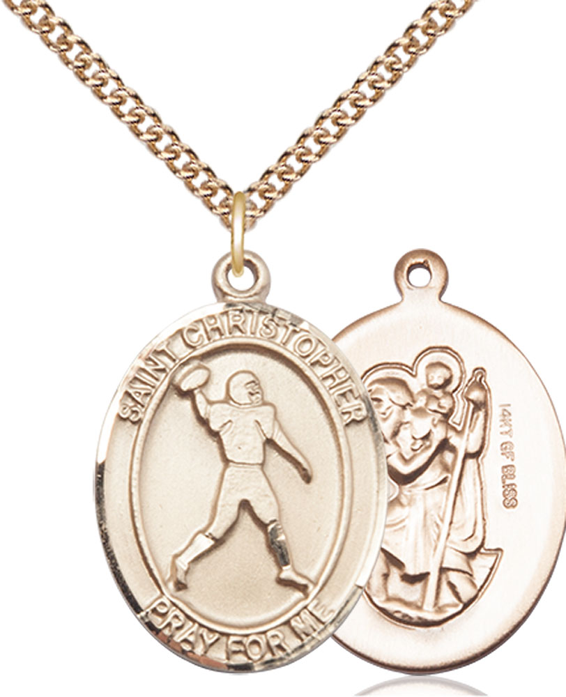 14kt Gold Filled Saint Christopher Football Pendant on a 24 inch Gold Filled Heavy Curb chain