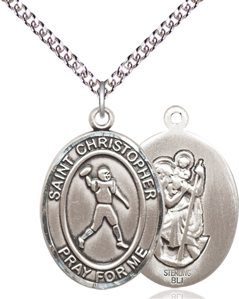 Sterling Silver Saint Christopher Football Pendant on a 24 inch Sterling Silver Heavy Curb chain