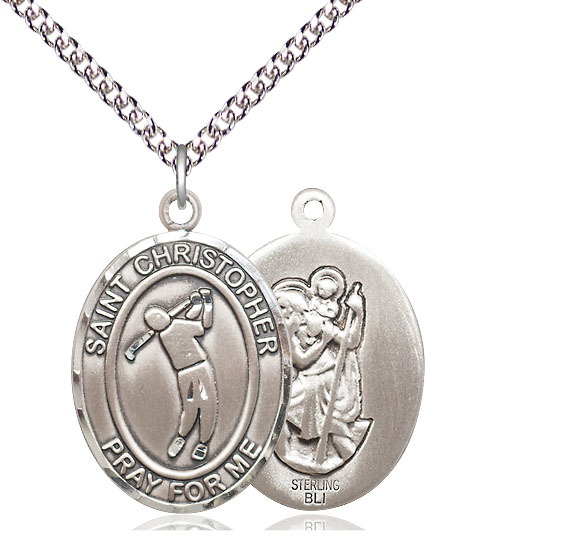 Sterling Silver Saint Christopher Golf Pendant on a 24 inch Sterling Silver Heavy Curb chain