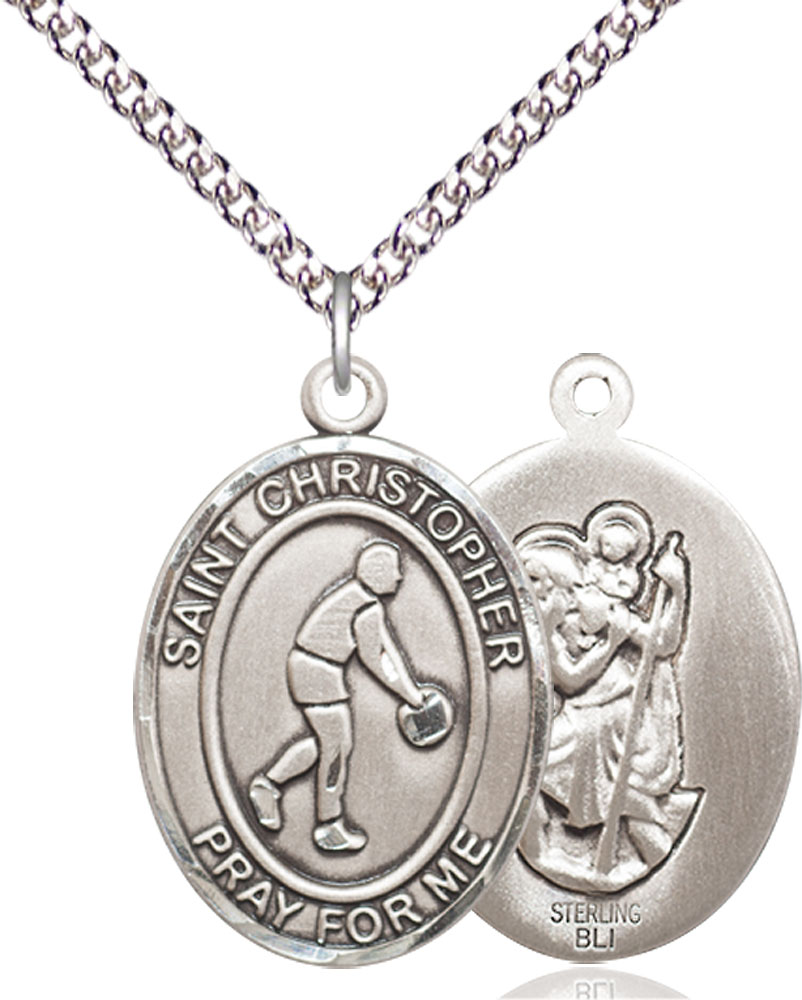 Sterling Silver Saint Christopher Basketball Pendant on a 24 inch Sterling Silver Heavy Curb chain