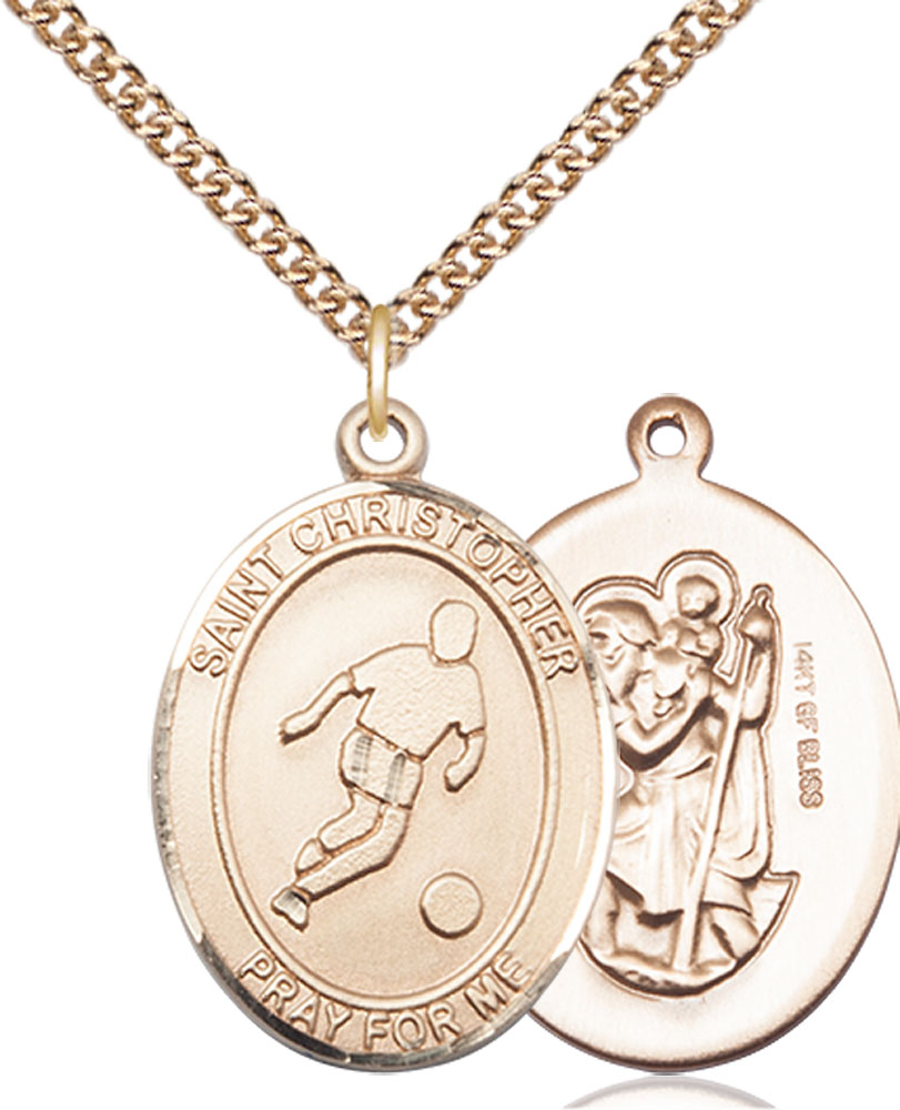 14kt Gold Filled Saint Christopher Soccer Pendant on a 24 inch Gold Filled Heavy Curb chain