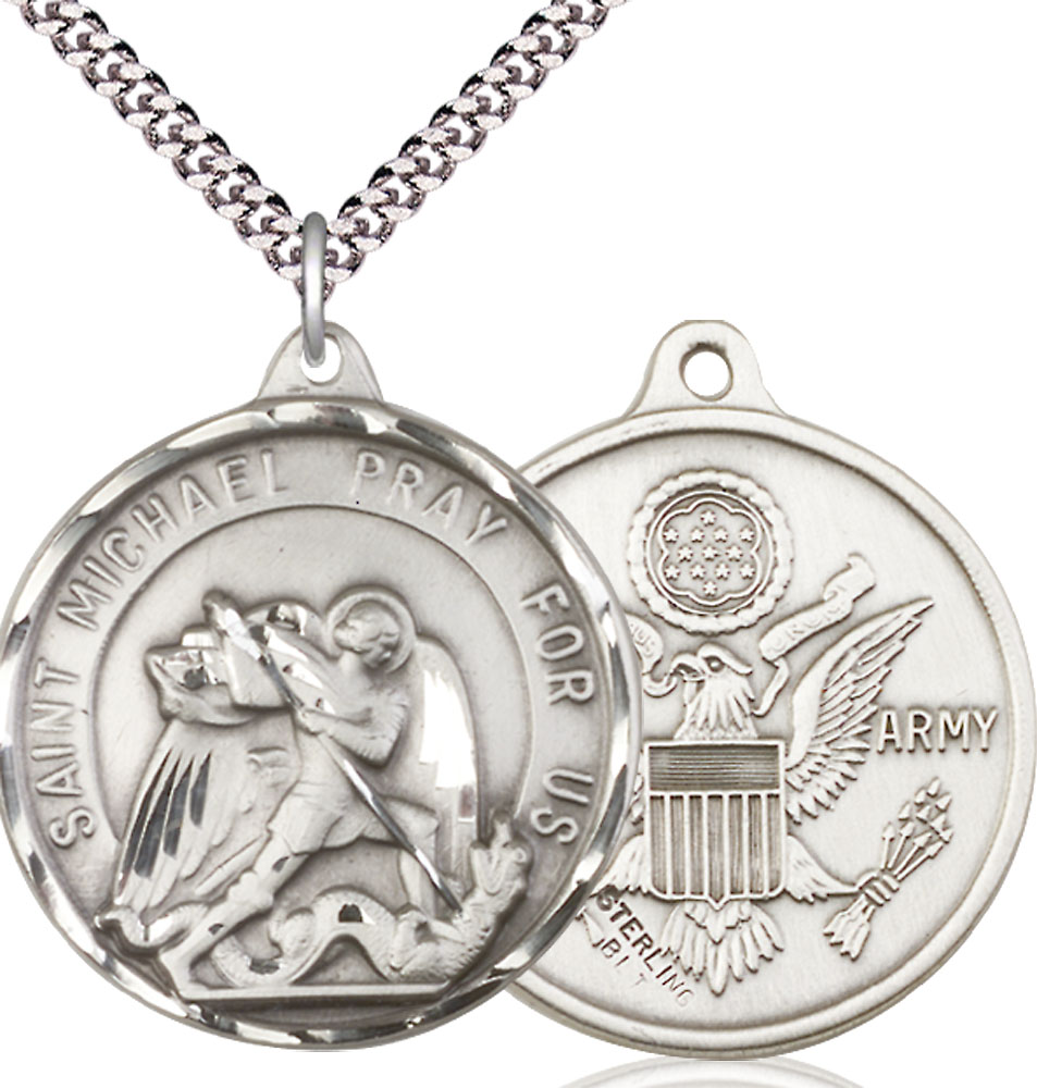 Sterling Silver Saint Michael Army Pendant on a 24 inch Light Rhodium Heavy Curb chain