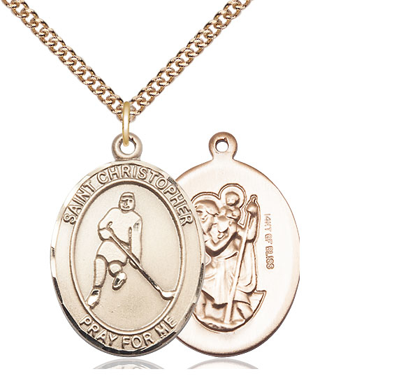 14kt Gold Filled Saint Christopher Ice Hockey Pendant on a 24 inch Gold Filled Heavy Curb chain