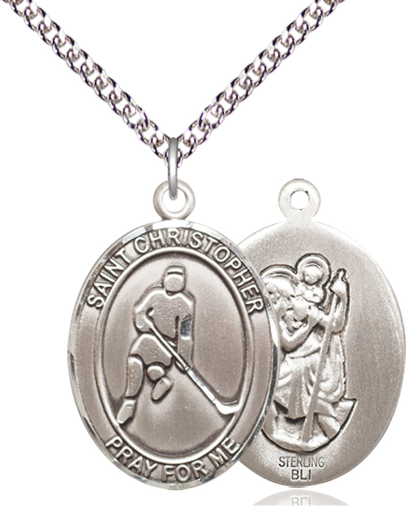 Sterling Silver Saint Christopher Ice Hockey Pendant on a 24 inch Sterling Silver Heavy Curb chain